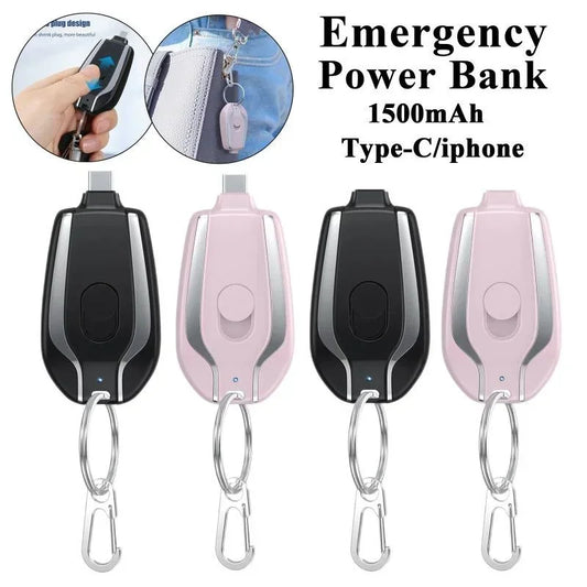 Ultra-compact 1500mAh emergency keychain charger with Type-C port. Fast charging mini power bank for backup.
